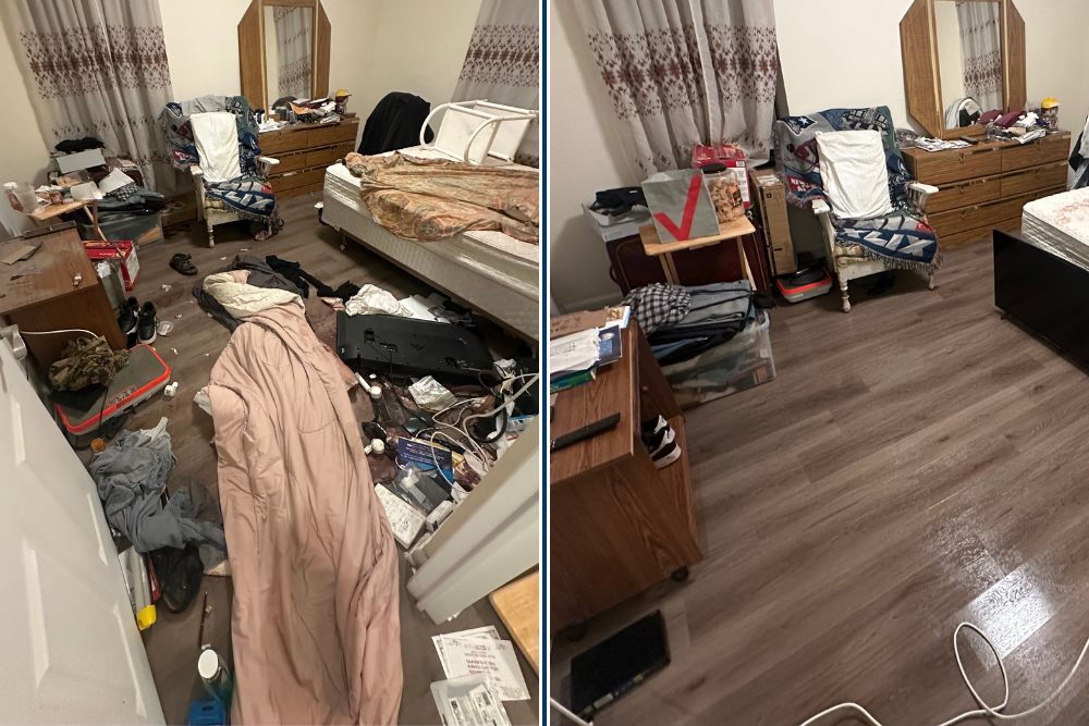 Before and after of extreme apartment clutter cleaned with professional biohazard cleaning in New York City.