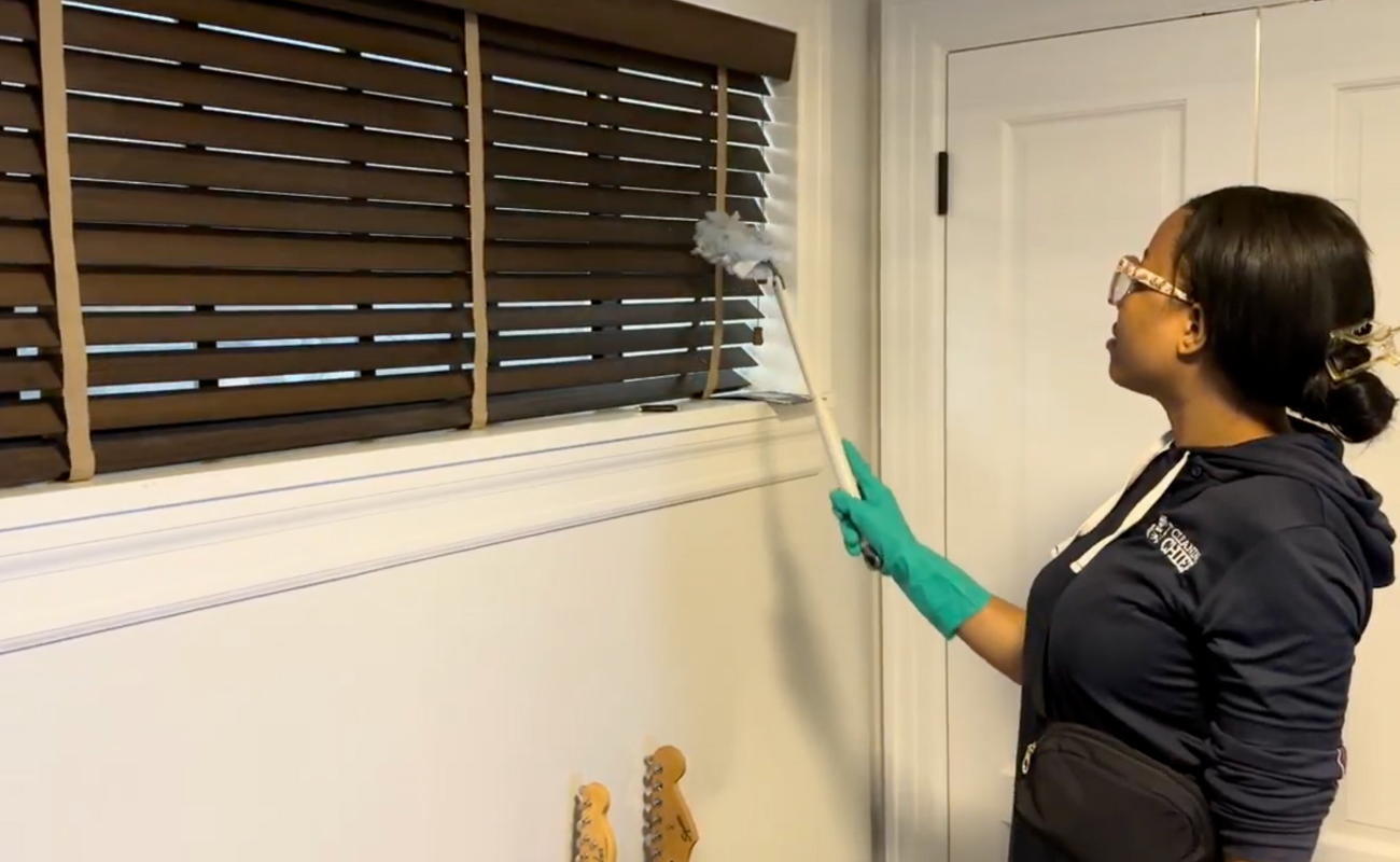 Professional maid dusting window blinds with microfiber cloth during home cleaning service